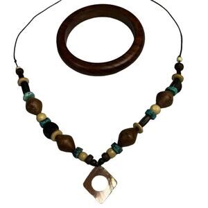 Handmade Bohemian Wood Beaded Necklace & Bangle Set Turquoise Brown Geometric